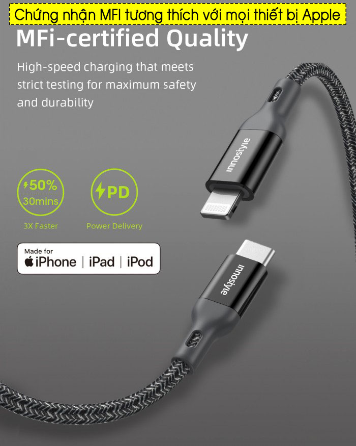 Cáp iPhone USB-C to Lighting INNOSTYLE Powerflex MFI 1.5m 60W 1
