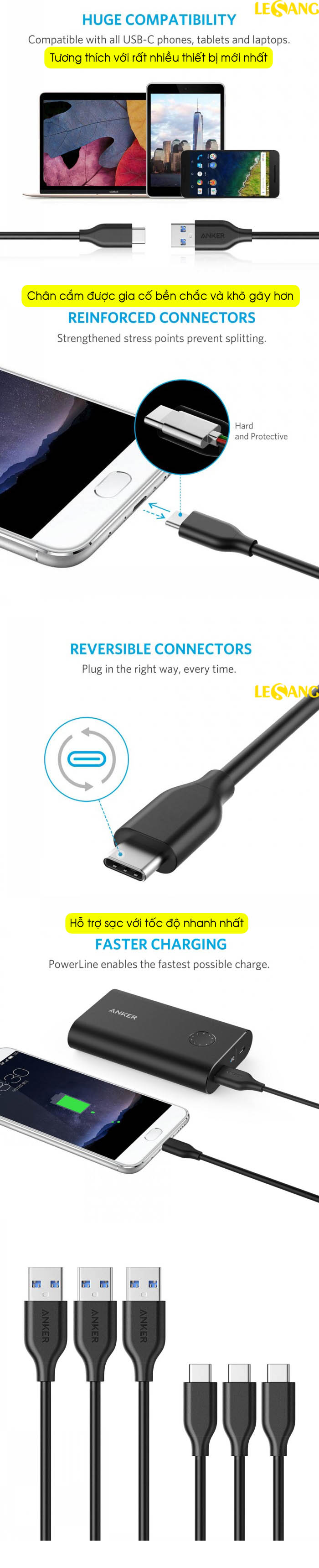 Dây cáp sạc Anker PowerLine USB 3.0 ra USB-C - Dài 0.9m - A8163 4