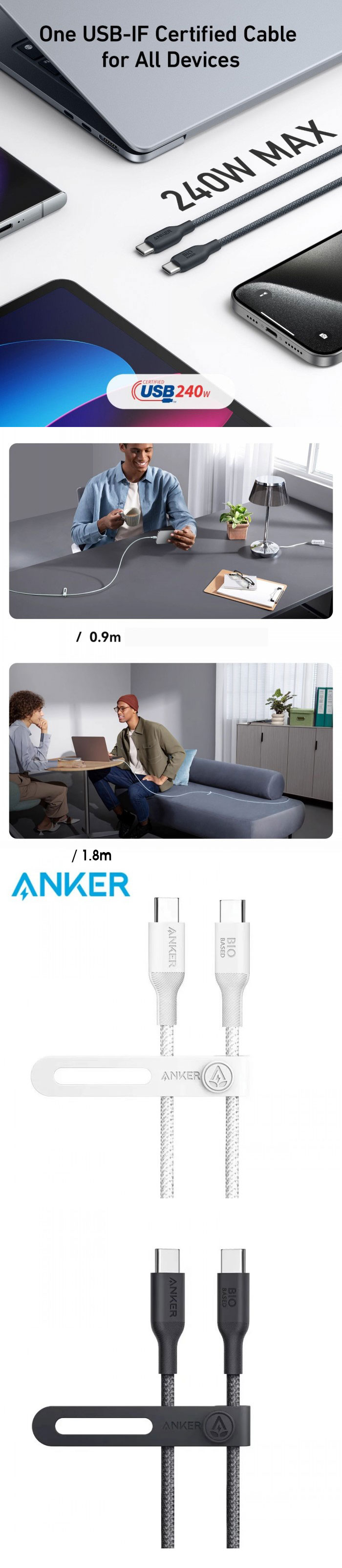 Dây cáp sạc Anker 544 USB-C to USB-C - 1.8m|240w bọc dù 8