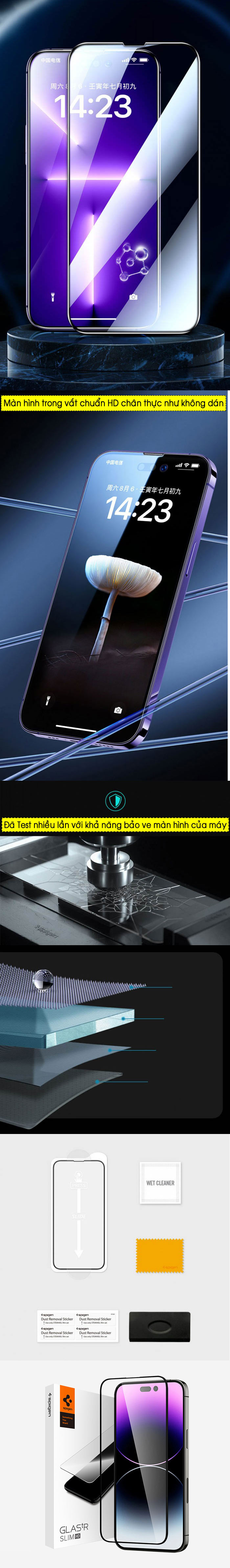 Kính cường lực iPhone 14 Pro Max Spigen GLAS-tR Slim HD 5