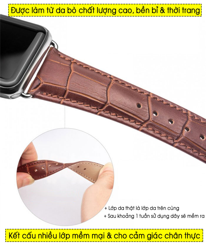 Dây đeo Apple Watch 44/45/49mm da thật (vân cá sấu) Qlino Leather 3