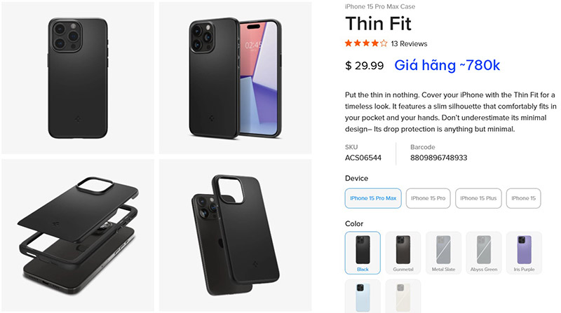 Ốp lưng iPhone 15 Pro Max Spigen Thin Fit 1245